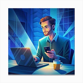 Man Working On Laptop And Smartphone In A Blue Lit Office Canvas Print