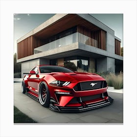 Red Ford Mustang Full Body Kit In Front Of Modern House 2 Canvas Print