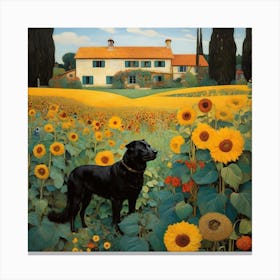 Gustav Klimt Style, Farm Garden With Sunflowers And A Black Dog Canvas Print