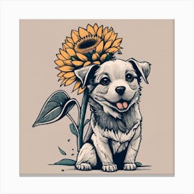 Dog With Sunflower Canvas Print