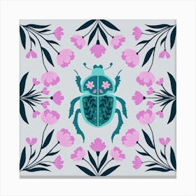 Beetle and flowers - pink and turquoise Canvas Print