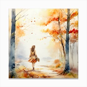 Woman walking in autumn in the forest Canvas Print