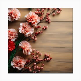 Carnations On Wooden Background Canvas Print