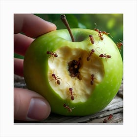 A Ant Coming Out Of A Hole In An Green Apple Canvas Print