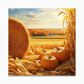 Autumn Harvest Scene Featuring Oversized Pumpkins Nestled Among Stalks Of Sunlit Corn Bales Of Hay 2 1 Canvas Print