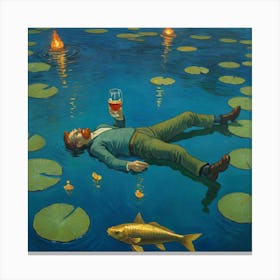 Floating Serenity: A Man Among Water Lilies Canvas Print