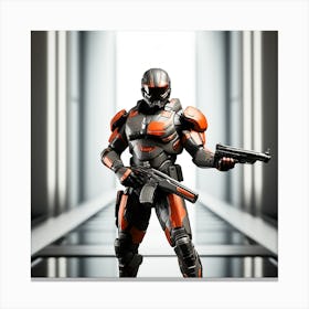 A Futuristic Warrior Stands Tall, His Gleaming Suit And Orange Visor Commanding Attention Canvas Print