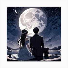 Couple Under The Moon, A Single Elegant Line Drawing Of A Men And Woman Art Of Sitting To Gather Alone Back Side Pose Canvas Print