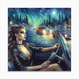 Girl Driving A Car At Night Canvas Print