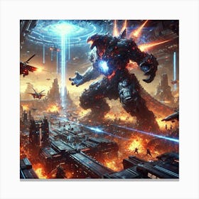 A Dramatic Sci Fi Battle Scene Showing Kaiju As Weapons Of Mass Destruction Canvas Print