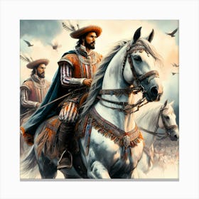 Medival Portugese Gentlemen Voyagers On Horses Color Drawing Canvas Print