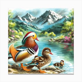 Mandarin Duck Family- Painting Artwork 19 Canvas Print