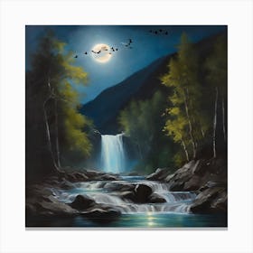 Moonlight Over Waterfall oil style Canvas Print