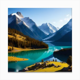 Tranquil Waters and Towering Peaks: A Serene Lake Amidst Mountains Canvas Print