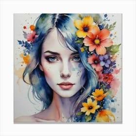 Watercolor Of A Girl With Flowers Canvas Print