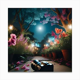 A Picture Of A Garden With Flowers Blooming At Night Under The Moon With The Camera Pointed Low Towards The Ground Canvas Print