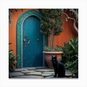 Black Cat In Front Of Blue Door Canvas Print