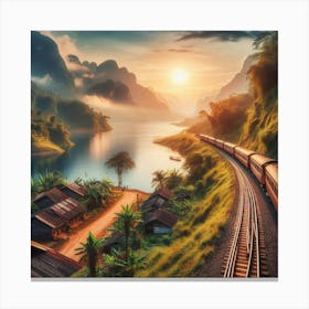 Train In The Mountains At Sunrise Wall Art Print Canvas Print