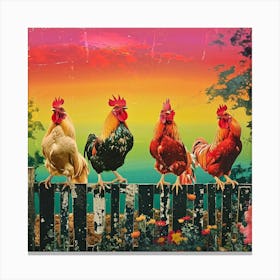 Rainbow Retro Chickens On The Fence 3 Canvas Print