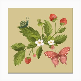 Sweet summer strawberry branch with snail and butterfly Canvas Print