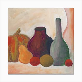 still life kitchen art square orange pumpkin pear bottle jar painting Canvas Print