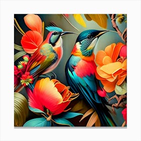 Two Birds Perched On Flowers Canvas Print