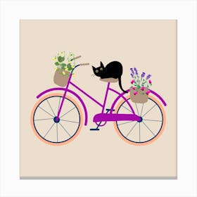 Cat Bicycle Flowers Drawing Boho Bohemian Minimalist Nature Canvas Print