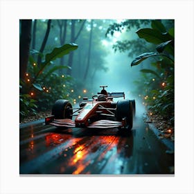 Formula Car Speeding Through A Dense Cyber Jungle With Glowing Plants Around 1 Canvas Print