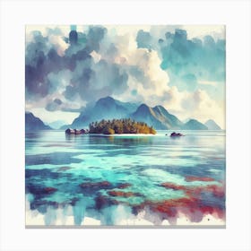 Atoll Serenity, A watercolor painting capturing the vibrant blues and greens of the atoll, with gentle waves lapping against its shores. This artwork would be well-suited for a living room or a spacious hallway where it can be a focal point, bringing in an element of nature and tranquility into your home. 3 Canvas Print