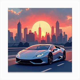 Lamborghini Huracán With A Watercolor City Skyline At Dusk 1 1 Canvas Print