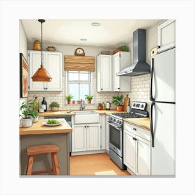 Cozy And Stylish Watercolor Kitchen, Inviting And Cheerful 1 Canvas Print