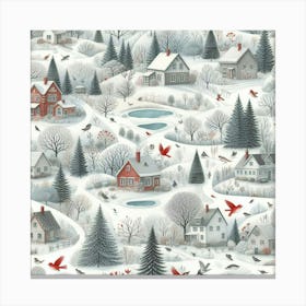 Winter Village In Pastel Shades With Red Birds Canvas Print