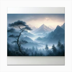 "A serene and misty mountain landscape." Wall Art4 Canvas Print