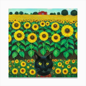 Gustav Klimt Inspired , Farm Garden With Sunflowers And A Black Cat 5 Canvas Print