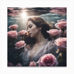 Tyndall Effect, A Beautiful Gregnent Women Lies Underwater In Front Of Pale Purpur Roses ,Sunbeams I Canvas Print