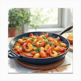 Watercolor Depiction Of A Savory And Flavorful Seafood Paella On A Chic Kitchen Table Canvas Print