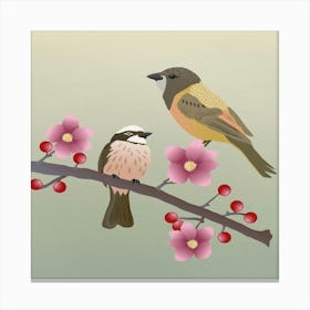 Two Birds Perched On A Branch Birds Flowers Animals Blossom Canvas Print