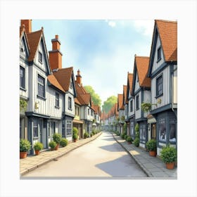 An English Street With Charming Period Architecture And Bustling Shops, Watercolor Canvas Print