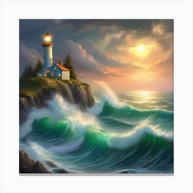Lighthouse At Sunset Landscape 2 Canvas Print