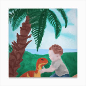 Baby Petting a Dinosaur 1 Canvas Print