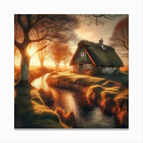 Thatched Cottage Beside A Stream Canvas Print