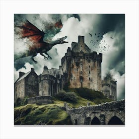 Dragon Flying Over Castle Canvas Print