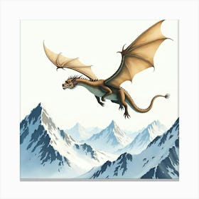 Ancient Dragon Soaring Over Snowy Mountains, Watercolor 1 Canvas Print