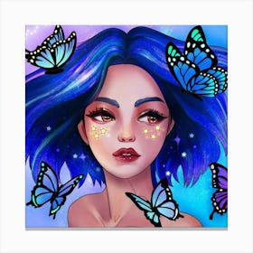 Girl With Blue Hair And Butterflies Canvas Print