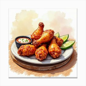 Watercolor Art Of A Tender And Juicy Bbq Chicken Wings On A Chic Restaurant Table Canvas Print