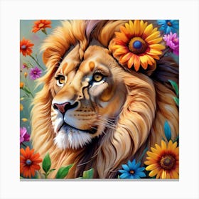 Floral Majesty: A Lion's Reverie Amidst Blossoms Canvas Print