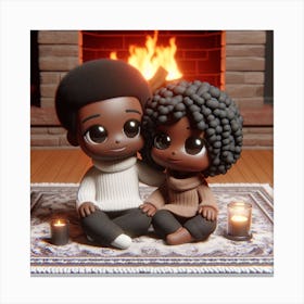 Cheerful Couple Sitting In Front Of Fireplace Canvas Print