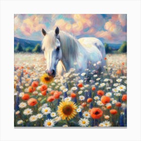 White Horse In A Sunflower Field Canvas Print