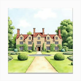 Watercolor View Of The Nunnington Hall In North Yorkshire, Featuring Its Historic Charm And Tranquil Setting Canvas Print