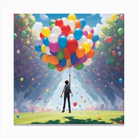 A Young Man Soars Through The Air, Lifted By A Large Bunch Of Colorful Balloons Against A Backdrop Of Clouds And A Blue Sky Canvas Print